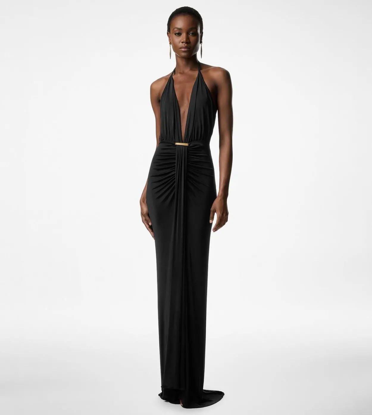 V-NECK EVENING DRESS WITH DRAPED WATERFALL DETAIL