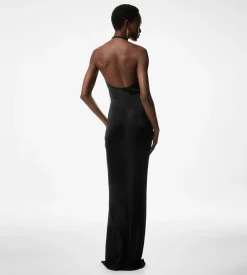 V-NECK EVENING DRESS WITH DRAPED WATERFALL DETAIL