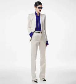 WASHED COTTON SILK BLEND DUCHESSE TAILORED STRAIGHT PANTS