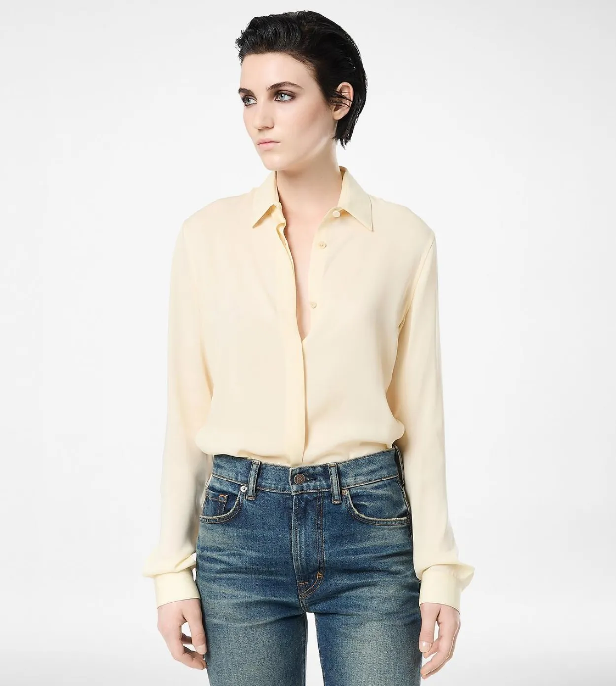 WASHED SILK GEORGETTE SHIRT WITH TONAL TF EMBROIDERED LOGO