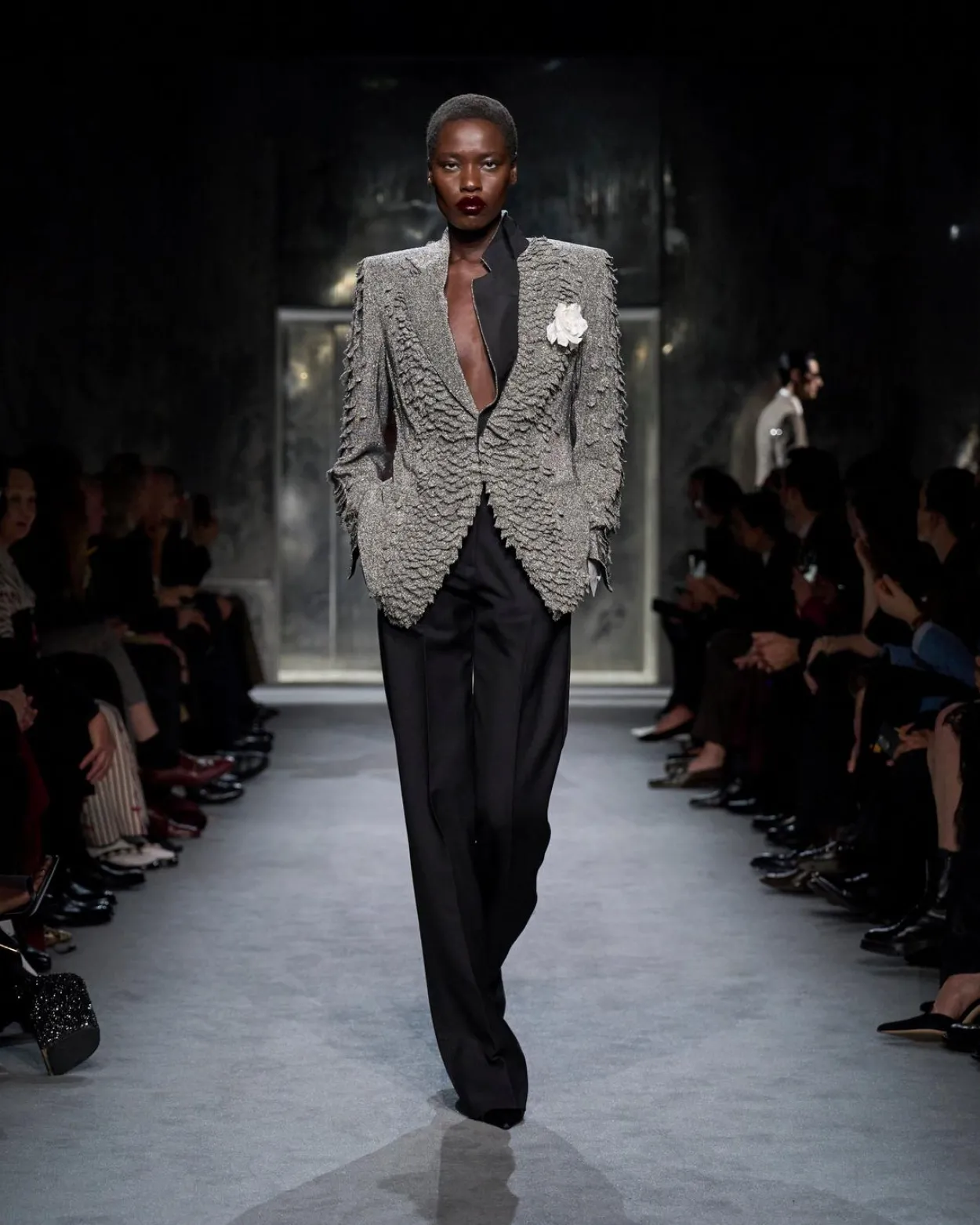 WOOL SILK BLEND HIGH-WAISTED TUXEDO PANTS