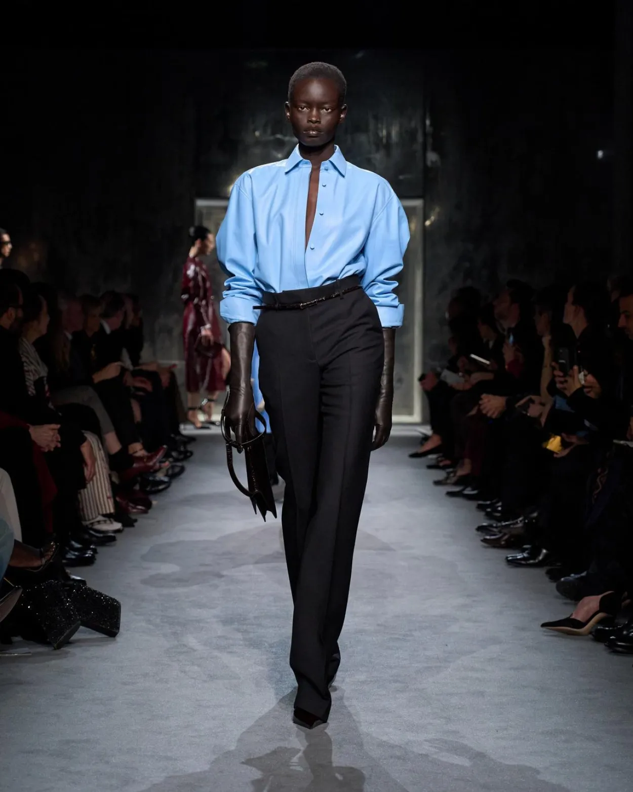 WOOL SILK BLEND TAILORED STRAIGHT PANTS