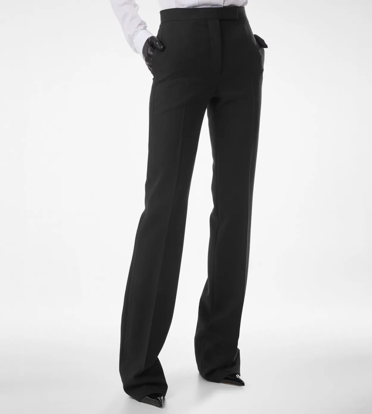 WOOL SILK BLEND TAILORED TUXEDO STRAIGHT PANTS